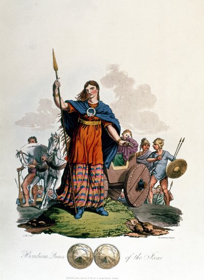 Boadicea, Queen of the Iceni, designad av C.H.S., graverad av Richard Havell den äldre, publicerad 1815 (akvatint) av English School