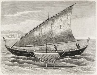 Boat of the Mortlock Islands, med stödben och segel av rush-matting, från 