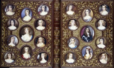 Bokomslag med tjugotvå porträttminiatyrer av Karl II och hans hovs vackra kvinnor, 1833 av English School