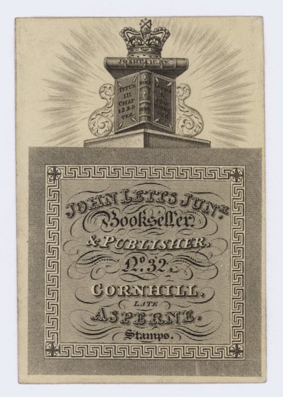 Bokhandlare och utgivare, John Letts Junior, handelskort av English School