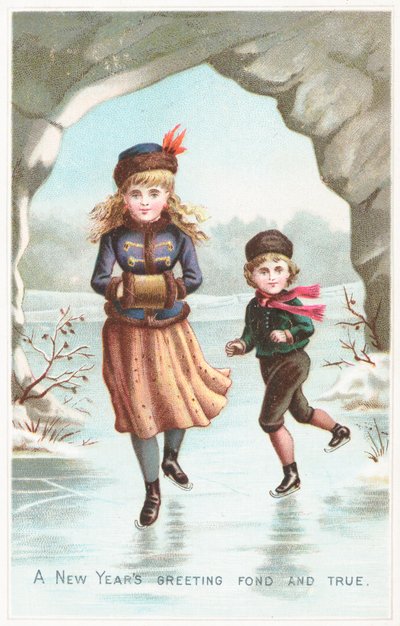 Pojke och flicka skridskoåkning, nyårskort av English School