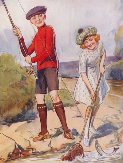 Pojke och flicka fångar en fisk (färglitografi) av English School