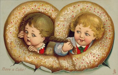 Pojke och flicka sammanflätade i en tårta (färglitografi) av English School