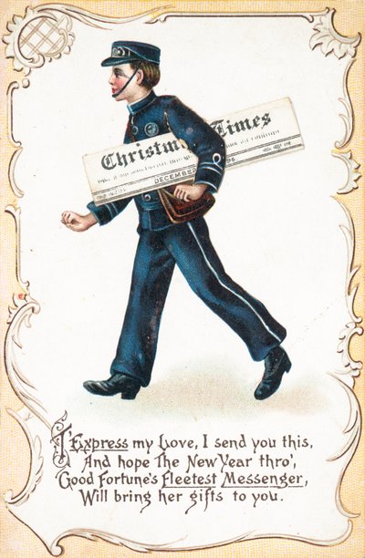 Pojke leverans Christmas Times tidning, julkort av English School