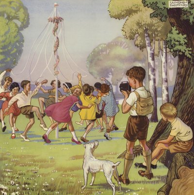 Pojke som filmar barn som dansar runt en majstolpe (litho i färg) av English School