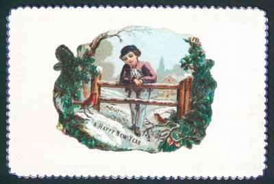 Pojke lutad på grinden, nyårskort av English School