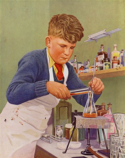 Pojke som utför ett kemiexperiment (färg litho) av English School