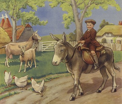 Pojke som rider på en åsna på den engelska landsbygden (färg litho) av English School