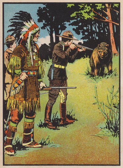 Pojkscout siktar med gevär mot en björn (färglitografi) av English School