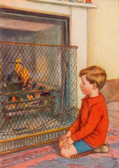 Pojke som väntar på att en vattenkokare ska koka (färg litho) av English School