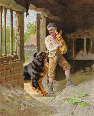 Pojke med en hund och en kanin på en gård (chromolitho) av English School