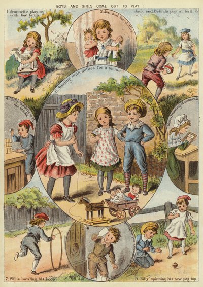 Pojkar och flickor kommer ut för att leka (chromolitho) av English School