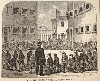 Pojkar som tränar på Tothill Fields Prison, illustration från The Criminal Prisons of London och scener från Prison Life av Henry Mayhew och John Binny, pub. 1862 av English School