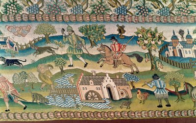 Bradford Table Carpet, detalj av scener av livet på landsbygden, sent 1500-tal av English School