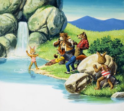 Brer Rabbit simmar (gouache på papper) av English School