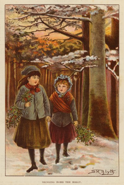 Bringing Home the Holly (färg litho) av English School
