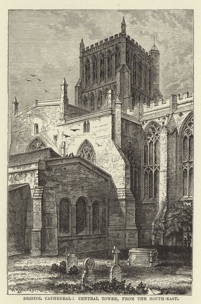 Bristol Cathedral, centrala tornet, från sydost av English School