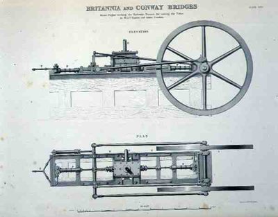 Britannia och Conway Bridges: Steam Engine Working the Hydraulic Presses for Raising the Tubes, av herrarna Easton och Amos från London (litho) av English School