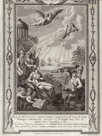 Brittiska amiralen George Rodneys seger över den franska flottan under befälet av Comte de Grasse vid slaget vid Saintes, amerikanska frihetskriget, 1782 av English School