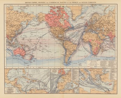 Brittiska imperiet, som visar världens handelsvägar och havsströmmar (färglitografi) av English School