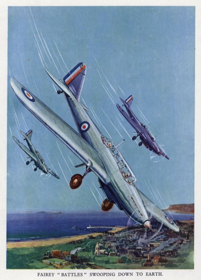 Brittiska Fairey Battle lätta bombplan dyker mot marken (färg litho) av English School