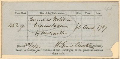 British Museum, Book Order Slip, 23 november [18?]47 av English School