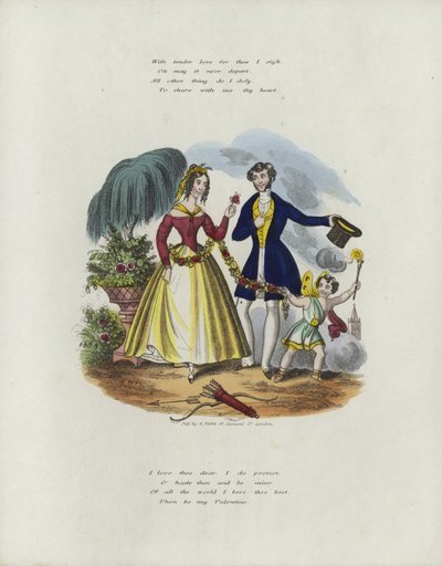 Brittiskt valentinkort med en bild av en kerub som drar en kvinna tillsammans med ett snöre av blommor av English School