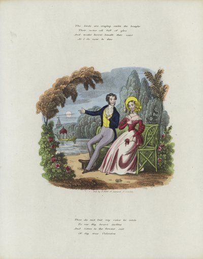 Brittiskt valentinkort med en bild av en man och en kvinna som sitter i en trädgård av English School