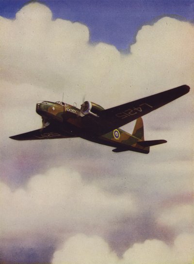 Brittiska Vickers Wellington medium bombplan under flygning (färg litho) av English School