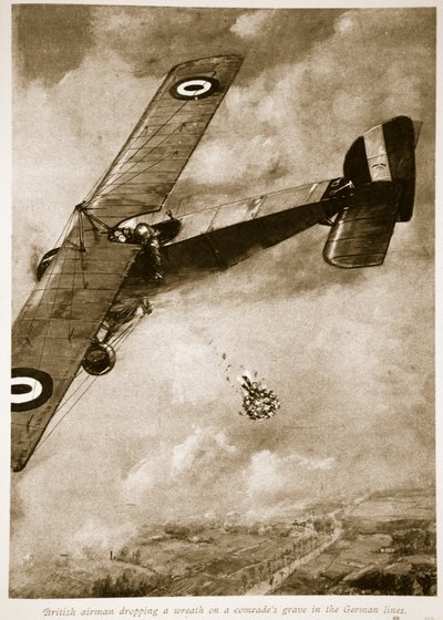 Brittisk flygman tappar en krans på en kamrats grav i de tyska linjerna, 1914-19 av English School