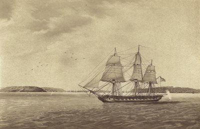Brittiska fregatten HMS Fisgard, under befäl av kapten Thmas Byam Martin, på rekognosering utanför Brest, Frankrike (litografi) av English School