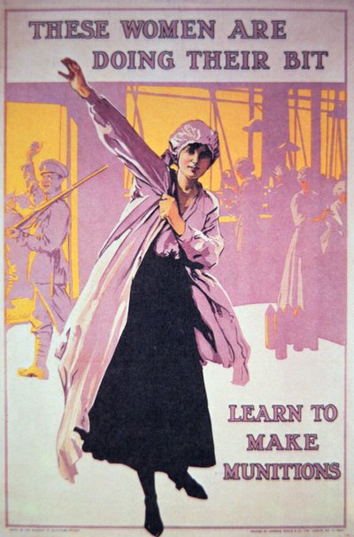 Brittisk affisch från första världskriget för att uppmuntra kvinnor att arbeta i ammunitionsfabriker, ca 1914-18 (färg litho) av English School