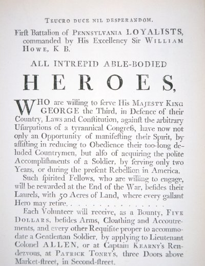 Brittisk rekryteringsaffisch för Pennsylvania Loyalists första bataljon under det amerikanska revolutionskriget (gravyr). av English School