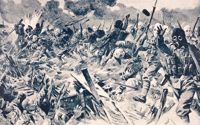 Brittiska trupper i gasmasker laddar tyska skyttegravar vid Loos, Frankrike, den 25 september 1915, från "The War Illustrated Album deLuxe", publicerad i London, 1916 av English School
