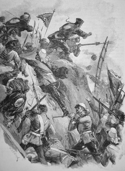 Brittiska trupper stormade Taku-forten i Kina 1860 under opiumkrigen (litho) av English School