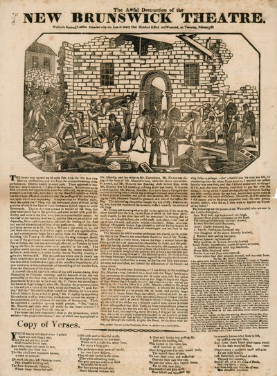 Broadsheet med The Awful Destruction of the New Brunswick Theatre, Wellclose Square, London av English School
