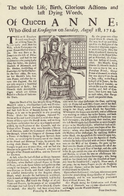 Broadside publicerad om drottning Annes död av English School