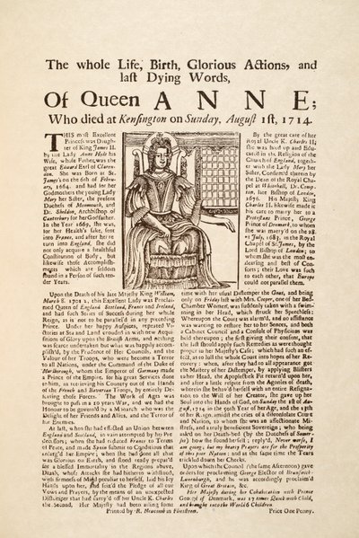 Broadside publicerad om drottning Annes död, söndagen den 1 augusti 1714 (tryck & träsnitt) av English School