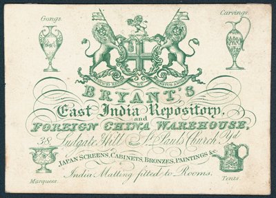 Bryants, East India Repository och utländskt porslinslager, handelskort av English School