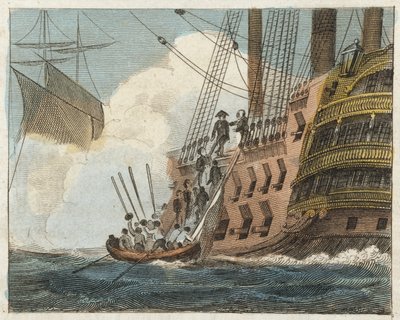 Buonaparte kapitulerar för engelsmännen (gravyr i färg) av English School