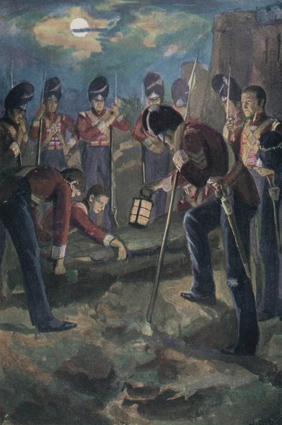 General Sir John Moores begravning efter slaget vid Corunna, Apain, halvönskriget, 1809 av English School