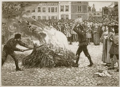 Broschyr Burning of Blounts av The Common Hangman, illustration från Cassells Illustrated History of England (sepiafoto) av English School