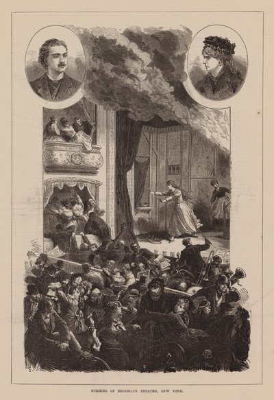 Nedbränning av Brooklyn Theatre, New York (gravyr) av English School
