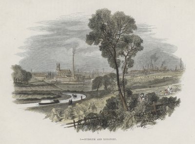 Burslem och Longport, Staffordshire (färgad gravyr) av English School