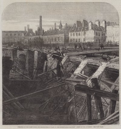 Sprängning av flottans dike och förstörelse av en del av Metropolitan Railway, olycksplatsen (gravyr) av English School