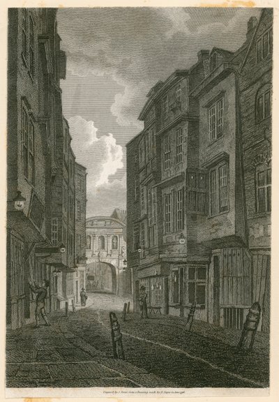 Butcher Row, tittar från Temple Bar, baserad på en teckning av Edward Dayes, 9 juni 1796 av English School