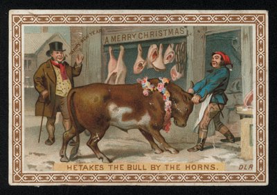 Slaktaren drar en tjur in i sin butik, julhälsningskort. (chromolitho) av English School