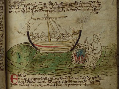 CCA-LitMs/D/10 fol. 30r Whale, från Bestiary av English School