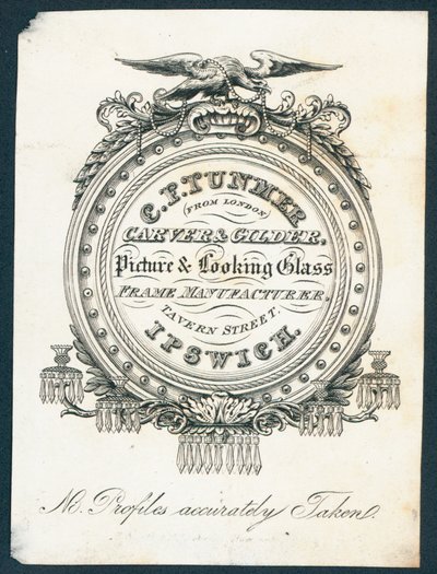 C F Tunmer, snidare och förgyllare, bild- och utseendeglasramtillverkare, handelskort av English School