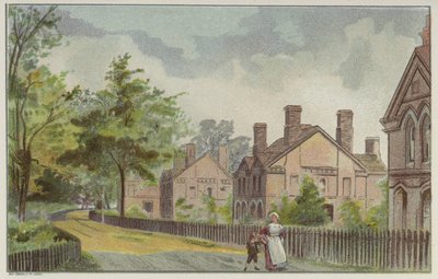 Cadburys arbetarstugor och landsväg, Bournville, Birmingham (chromolitho) av English School